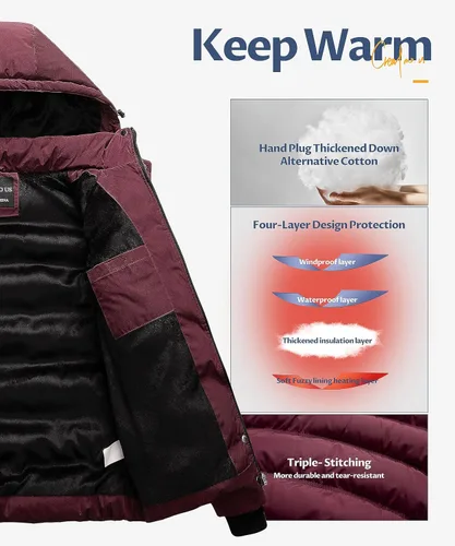 Vista 4 de CREATMO US Abrigo de invierno cálido para mujer, chaqueta de esquí impermeable acolchada con capucha desmontable