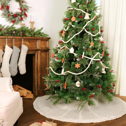 Vista 4 de Falda de árbol de Navidad de 60 pulgadas: falda de árbol grande para árbol de 9 pies, falda de árbol de punto trenzado color blanco crema, faldas