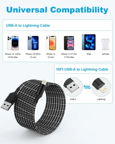 Vista 3 de Cable de carga extra largo para iPhone de 20 pies [certificado Apple MFi], cargador trenzado de carga rápida USB a Lightning para iPhone Negro