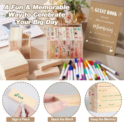 Vista 4 de Beeveer 80 piezas Libro de invitados para boda alternativo en bloque de madera para cartel de boda, decoración de despedida de soltera, 54 piezas