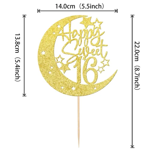 Vista 3 de 1 pieza de decoración de pastel de 16 años con purpurina de luna y estrella de luna feliz 16 cumpleaños, decoración para tartas de cumpleaños de 16
