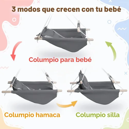 Vista 2 de Columpio para bebé interior y exterior, hamaca de lona para bebé a niño pequeño con asiento cómodo, juguete de madera Macaroon, arnés ajustable de 5