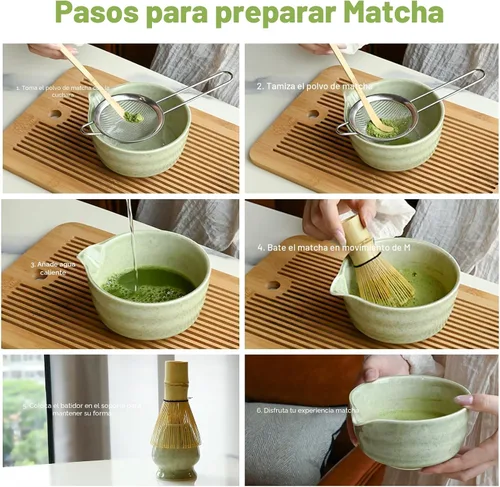 Vista 7 de Juego de batidor de matcha verde, kit de té japonés con batidor y cuchara de bambú, Chawan de cerámica con boquilla para ceremonia de té