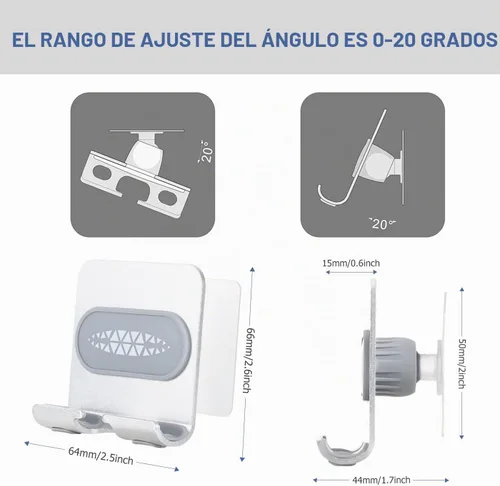 Vista 2 de Soporte para Teléfono de Ducha - Soporte Ajustable para Celular con Almohadillas Adhesivas para Baño y Cocina (1 PIEZA)