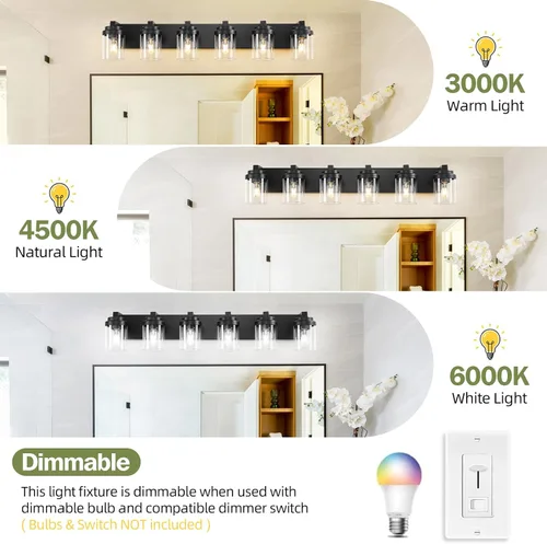 Vista 6 de Luces de tocador, lámparas de baño de 38 pulgadas sobre espejo, 6 luces de tocador de baño con pantalla de vidrio transparente, lámparas de pared