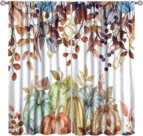 Vista 18 de Cortinas de calabaza enana de otoño, decoración del hogar de Acción de Gracias en otoño, patrón de hojas de arce y girasol, 42 pulgadas de ancho x