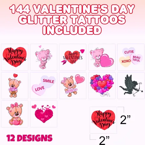 Vista 3 de ArtCreativity Tatuajes individuales con purpurina de San Valentín para niños, paquete de 144 unidades, 2 pulgadas, no tóxicos, precortados