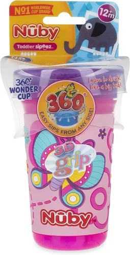 Vista 6 de Nuby 360 Degree Easy Sip 3D Grip Wonder Cup con funda de silicona impresa, morado, mariposa, 10 onzas