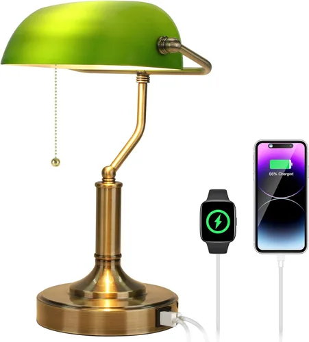 Vista 9 de LINNMON Bankers - Lámpara de escritorio verde con interruptor de cadena de tracción, lámpara retro con puertos de carga USB y tipo C, lámpara