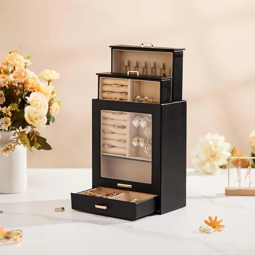 Vista 9 de Homde Organizador de joyas para niñas y mujeres, joyero para collares, anillos, aretes, regalo y pulseras (negro + dorado)
