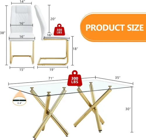 Vista 2 de Juego de mesa de comedor de cristal para 6,71 pulgadas, mesa de comedor para 6, mesa de cocina rectangular grande de vidrio templado y 6 sillas