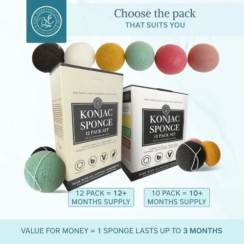 Vista 6 de Bare Essentials Living - Juego de esponjas Konjac (paquete de 10) con esponja facial de carbón de bambú activado, natural, ideal para tratamientos