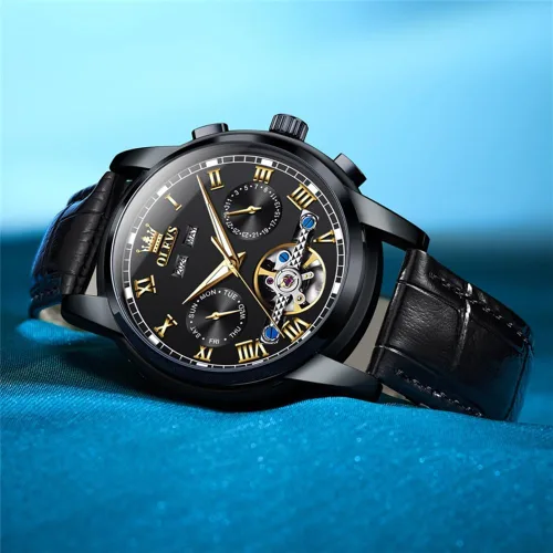 Vista 4 de OLEVS - Reloj para hombre automático de lujo con Tourbillon, cronógrafo, cara grande, calendario, de cuerda automática, relojes de pulsera