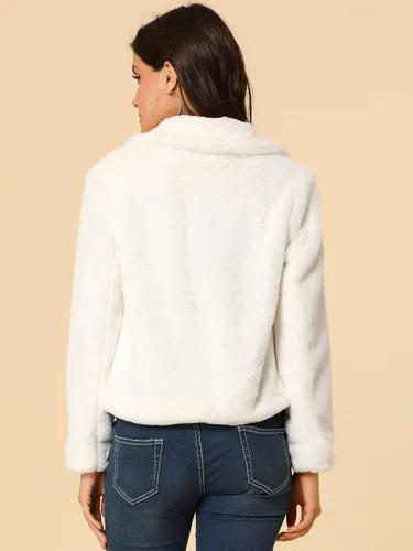 Vista 5 de Allegra K Chaqueta corta de piel sintética para mujer, cárdigan con solapa, abrigo de piel sintética esponjosa para invierno 2023