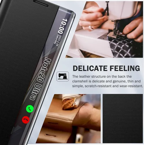 Vista 3 de Funda de cuero transparente para Samsung Galaxy Note 20 Ultra 5G para Samsung Note 20 Ultra, espejo delgado, PC duro, función atril de lujo, a Negro