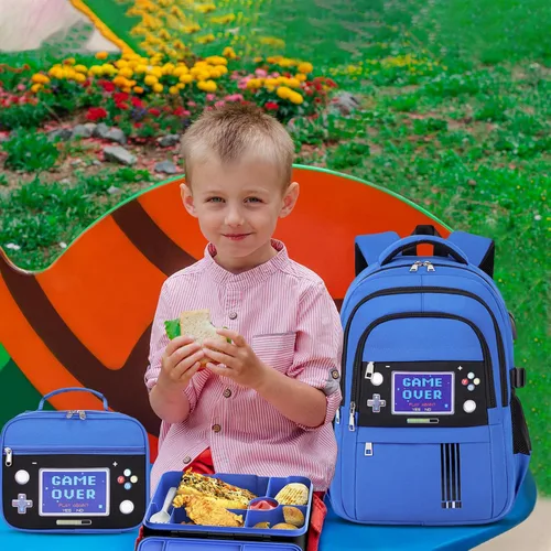 Vista 8 de Mochila para niños - Mochila para niños de jardín de infantes con lonchera Bento de 43 onzas, Pantalla de juego azul, Grande, Mochila