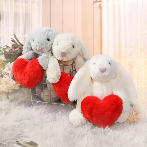 Vista 7 de Animal de peluche de conejo, adorable conejo suave con corazón de sujeción para el día de San Valentín, dulce regalo romántico de cumpleaños