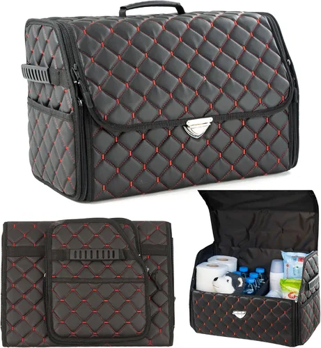 Vista 11 de Organizador de maletero de cuero con tapa para SUV y más, organizador de coche plegable, organizadores de coche y almacenamiento con bolsillos