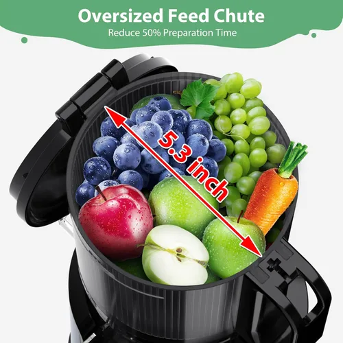 Vista 2 de Aeitto Máquinas exprimidoras de 5.3 pulgadas, extra grande, prensador en frío, apto para verduras y frutas enteras, fácil de limpiar, alto
