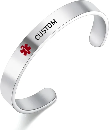 Vista 23 de LoEnMe Jewelry Pulseras de alerta médica personalizadas para hombres y mujeres, personalizable, grabado gratuito, acero inoxidable, pulsera