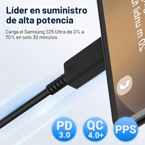 Vista 2 de Paquete de 2 cables de carga Samsung de 6 pies, 100 W/5 A, cable de carga rápida tipo C a tipo C, para Galaxy S25/S24/S23/S22/S21 Edge/Ultra/Note