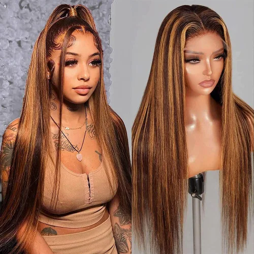 Vista 13 de Flady Peluca de cabello humano con encaje frontal ombré, prearrancada, sin pegamento, peluca frontal de encaje HD 4/27, pelucas de cabello humano
