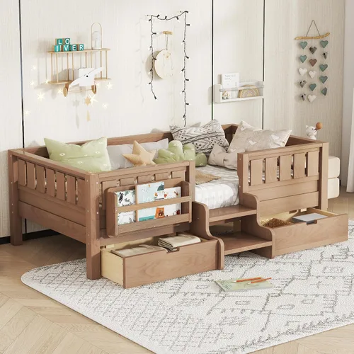 Vista 14 de Bellemave Cama Montessori Twin Kids con escaleras, estantería y cajones, beige Cajón beige