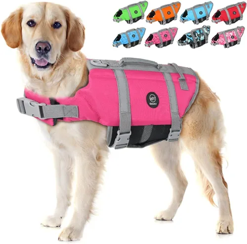 Vista 21 de EMUST Chalecos salvavidas para perros, chaleco flotante para canotaje con 2 Brillante rosa