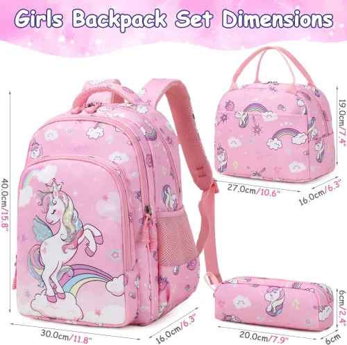 Vista 92 de Juego de mochila para niñas y adolescentes, mochila escolar para niños con bolsa para el almuerzo, estuche para lápices, mochilas escolares