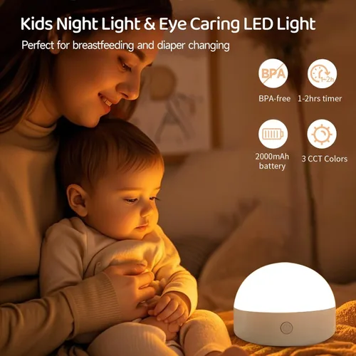 Vista 2 de BLUEYE Luz nocturna, sin BPA, control remoto, colores 3CCT, batería de 2000 mAh, botón manual, sin parpadeo para niños, bebé, guardería, pequeña