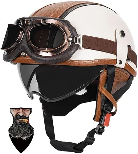 Vista 9 de Cascos Moto Retro Jet Vintage Medio, DOT Homologado Visera Retráctil PC y Hebilla Rápida, Desmontable para Hombre Mujer Adultos, Scooter Crucero