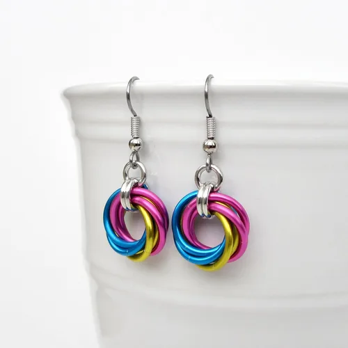 Vista 8 de Pansexual pride earrings, handmade chainmail love knot jewelry; pink, yellow, blue