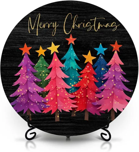 Vista 14 de Decoraciones navideñas para el dormitorio del hogar, letrero redondo de madera de cacao caliente con soporte de hierro para estante de mesa de Hot