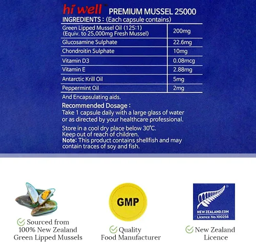 Vista 5 de Paquete de 2 cápsulas de mejillón Hi Well Premium 25000 200 cápsulas de cápsula vegetal