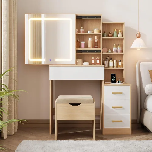Vista 10 de GarveeHome Makeup Vanity Desk with Sliding Mirror, Vanity Dressing Table with 3 Color Adjustable Lights, Girls Vanity Set with Stool, 4 Compact