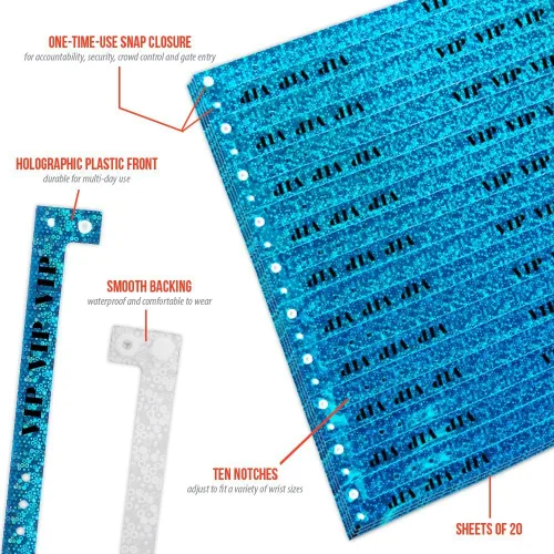 Vista 2 de 100 pulseras holográficas de plástico VIP azules de Wristco - Pulseras para eventos