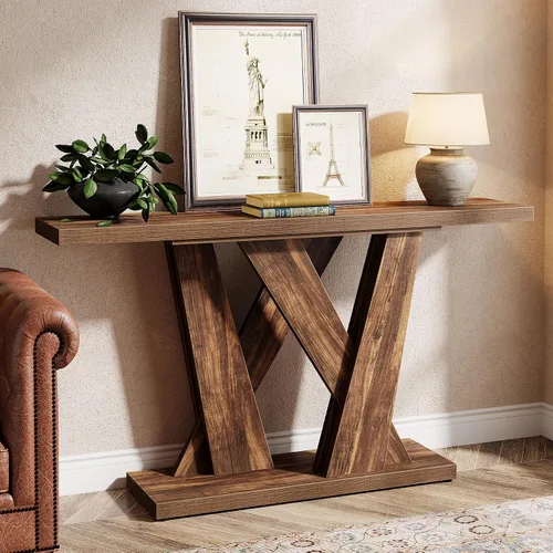 Vista 6 de Tribesigns Mesa de consola de 55 pulgadas estilo granja, mesa detrás del sofá con soporte para TV de base geométrica, mesa de sofá delgada