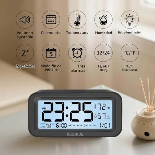 Vista 6 de Reloj despertador digital con luz nocturna, funciona con pilas, con temperatura interior y humedad, reloj pequeño de escritorio, modelo con función