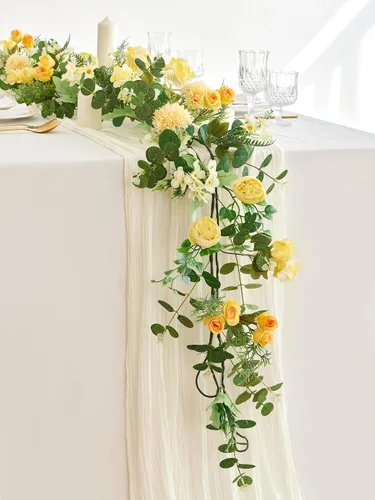 Vista 10 de MISSPIN Guirnalda de eucalipto con flores, flores artificiales artificiales para baby shower, boda, manto, mesa, centro de mesa, decoración de Blanco