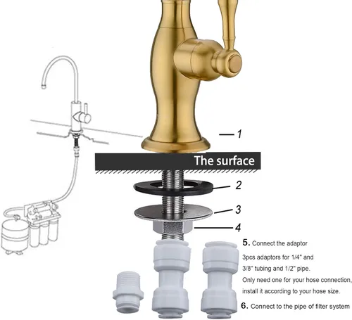 Vista 7 de Delle Rosa Grifo de agua potable de oro cepillado, grifo de filtración de agua comercial para sistema de filtro de agua debajo del fregadero, grifos