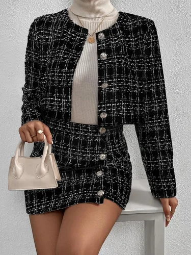 Vista 3 de Floerns Conjunto de 2 piezas para mujer, blazer de tweed a cuadros, chaqueta de manga larga y falda