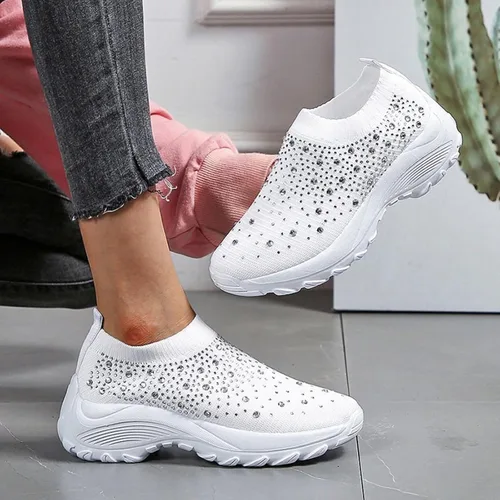 Vista 5 de Tenis ortopédicos de malla de punto con diamantes de imitación para mujer, cómodos, transpirables, con soporte de arco, mocasines ultraligeros