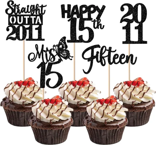 Vista 131 de 30 piezas negras para cupcakes de 10.º cumpleaños con purpurina Ten Happy 10 Straight Outta 2016 para saludos a 10 años 10 cumpleaños, boda Negro
