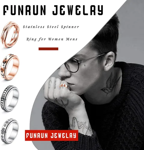 Vista 3 de FUNRUN JEWELRY Juego de 4 anillos giratorios de acero inoxidable para mujeres y hombres, anillos de banda para la ansiedad, luna, estrella, celta