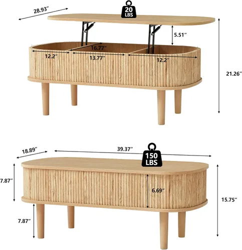 Vista 2 de Mesa de centro con parte superior acanalada totalmente montada con compartimento oculto, mesa central de madera, moderna mesa de elevación ovalada