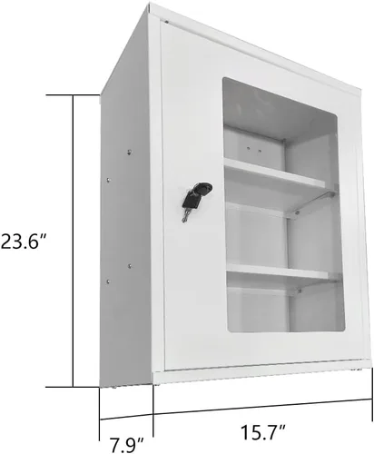 Vista 3 de JZD Gabinete de primeros auxilios de pared de metal con cerradura, caja de medicina con ventana acrílica bloqueable (no de vidrio), incluye 2