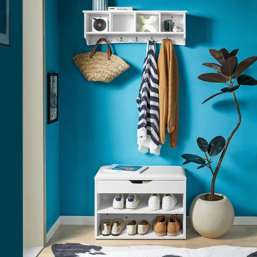 Vista 2 de Haotian - Estantería de pared blanca con ganchos para abrigos, perchero de pared para entrada, unidad de almacenamiento con 4 compartimentos y 5