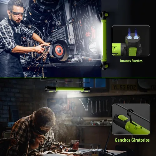 Vista 8 de Paquete de 2 luces de trabajo mecánicas, barra LED recargable de 3000 lm, portátil, magnético, ganchos, linterna SOS Verde 2