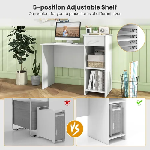 Vista 6 de Giantex Escritorio para computadora con almacenamiento, moderna mesa para computadora portátil con estante ajustable de 5 posiciones, cajón