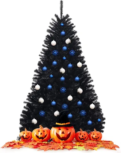 Vista 2 de Goplus Árbol de Navidad negro sin luz de 6 pies, árbol de Halloween artificial con 1036 puntas de rama, soporte de metal, árbol completo de Navidad